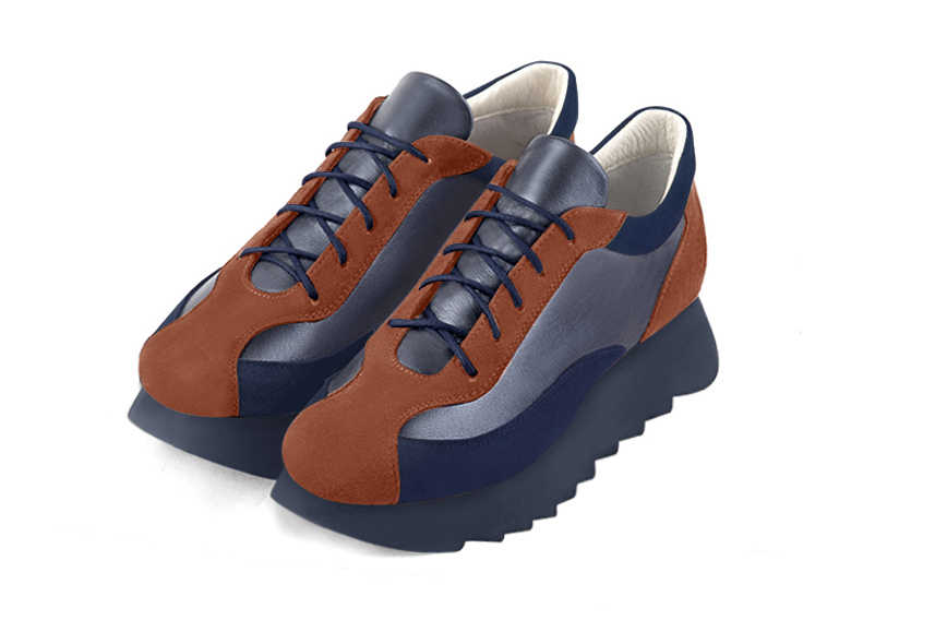 French elegance and refinement for these terracotta orange and denim blue three-tone dress sneakers, 
                available in many subtle leather and colour combinations. Nice Sneakers of "Ville". 
Fine and elegant, it will replace a traditional model.
All color combinations are possible, have fun customizing it.  
                Matching clutches for parties, ceremonies and weddings.   
                You can customize these sneakers to perfectly match your tastes or needs, and have a unique model.  
                Choice of leathers, colours, and soles. 
                Wide range of materials and shades carefully chosen.  
                Small and large shoe sizes - Florence KOOIJMAN